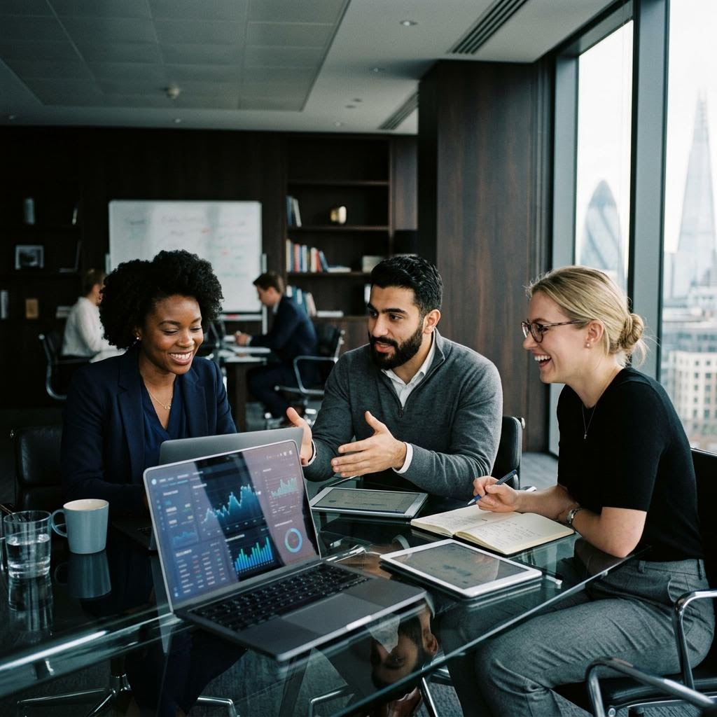 Analyseteam som diskuterer markedsdata